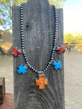 Load image into Gallery viewer, Buffalo Dancer Kingman Turquoise &amp; Spiny Sterling Cross Beaded Necklace Signed