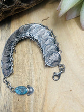 Load image into Gallery viewer, Navajo Turquoise &amp; Sterling Silver Liberty Dime Bracelet By James McCabe
