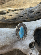 Load image into Gallery viewer, Navajo Sterling Silver Turquoise Southwest Stamped Oval Ring Sz 8.5