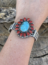 Load image into Gallery viewer, Navajo Sterling Kingman Web Turquoise &amp; Red Coral Taos Bracelet Cuff B. Johnson