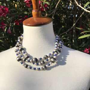 Navajo Sterling Silver Pearl And Lapis Handmade Beaded Necklace