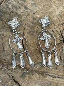 Navajo Sterling Silver Hand Stamped Cross Dangle Post Earrings Stamped Sterling