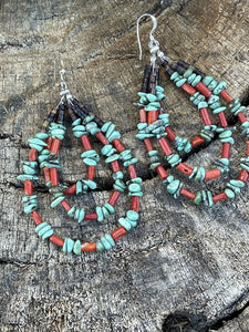 Navajo Heishi Bead Turquoise & Coral 3 Loop Dangle Earrings