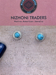 Navajo Bright Blue Turquoise & Sterling Silver Stud Earrings Stamped 925