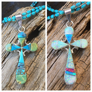 Navajo Multi Stone And Sterling Silver Two Sided Inlay Cross Pendant
