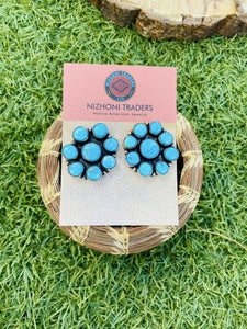 Navajo Sterling Silver & Turquoise Cluster Stud Earrings By Ella Peter