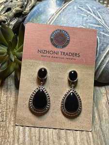 Beautiful Navajo Sterling Silver Black Onyx Teardrop Post Dangle Earrings