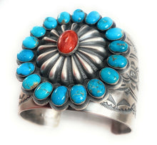 Load image into Gallery viewer, Navajo Red Spiny, Turquoise &amp; Sterling Silver Cuff Bracelet Signed