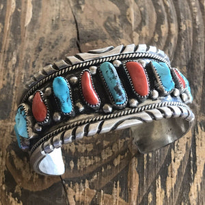 Vintage Turquoise & Natural Red Coral Sterling Silver Navajo Cuff Bracelet Cuff