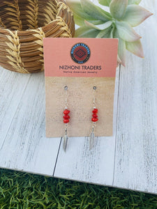 Navajo Coral & Sterling Silver Feather Dangle Earrings