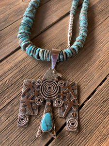 Sterling Silver & Royston Turquoise Navajo Thunderbird Pendant By Alex Sanchez