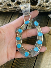 Load image into Gallery viewer, Navajo Sterling Silver &amp; Kingman Turquoise Horse Shoe Pendant Signed
