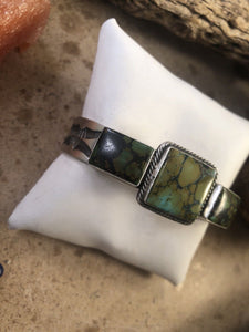 Nora Bill Tibetan Turquoise  Sterling Silver Navajo Cuff Bracelet Signed