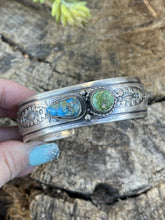 Load image into Gallery viewer, Navajo Sterling Sonoran Gold &amp; Golden Hills Turquoise 2 Stone Cuff Bracelet