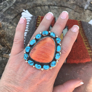 Navajo Cluster Turquoise Spiny Oyster Sterling Silver Ring Sz  8