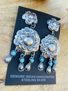 Navajo Sterling Silver & Turquoise Concho Dangle Earrings Signed