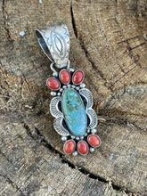 Load image into Gallery viewer, Navajo Sterling Kingman Web Turquoise &amp; Red Coral Pendant Taos Collection