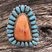 Load image into Gallery viewer, Navajo Sterling Silver, Turquoise &amp; Orange Spiny Oyster Ring Sz 8