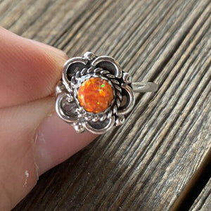 Zuni Sterling Silver & Orange Opal Flower Ring
