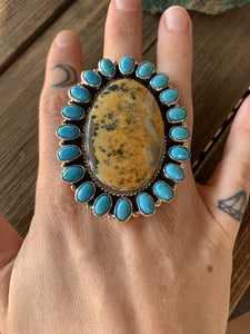 Navajo Sleeping Beauty Turquoise & Bumble Bee Statement Ring Size 7.25