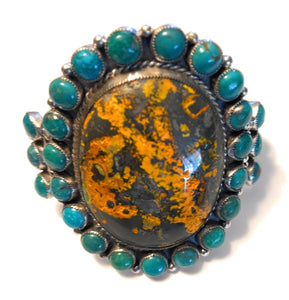 Navajo Sterling Silver Bumblebee Jasper & Turquoise Cluster Cuff Bracelet