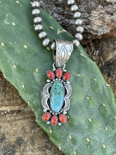 Load image into Gallery viewer, Navajo Sterling Kingman Web Turquoise &amp; Red Coral Pendant Taos Collection