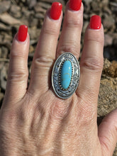 Load image into Gallery viewer, Navajo Sterling Silver Turquoise Southwest Stamped Oval Ring Sz 8.5