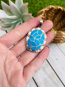 Vintage Zuni Turquoise & Sterling Silver Inlay Pendant Signed