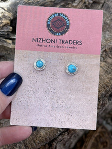 Navajo Bright Blue Turquoise & Sterling Silver Stud Earrings Stamped 925