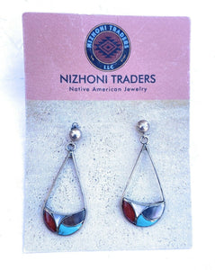 Vintage Zuni Multi Stone & Sterling Silver Inlay Dangle Earrings