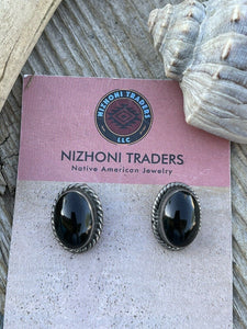 Vintage Navajo Sterling Silver Black Onyx Oval  Clip On Earrings Signed
