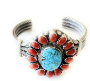Navajo Sterling Kingman Web Turquoise & Red Coral Taos Bracelet Cuff B. Johnson
