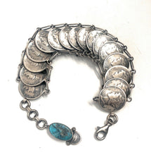 Load image into Gallery viewer, Navajo Turquoise &amp; Sterling Silver Liberty Dime Bracelet By James McCabe