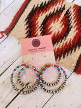 Load image into Gallery viewer, Navajo Turquoise, Coral &amp; Sterling Silver Navajo Pearl Dangle Hoop Earrings