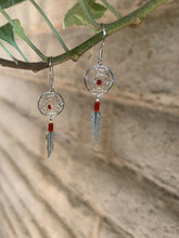 Load image into Gallery viewer, Navajo Sterling Silver Coral Dream Catcher, Feather Dangle Earrings.