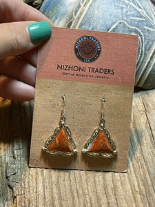 Beautiful Navajo Sterling Silver Apple Coral Triangle Dangle Earrings