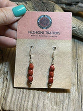 Load image into Gallery viewer, Navajo Sterling Silver 3 Stone Apple Coral Dangle Earrings