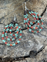 Load image into Gallery viewer, Navajo Heishi Bead Turquoise &amp; Coral 3 Loop Dangle Earrings