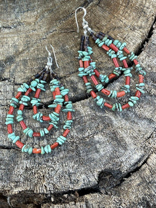 Navajo Heishi Bead Turquoise & Coral 3 Loop Dangle Earrings