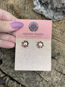 Navajo Sterling Silver And Natural Red Coral Cluster Stud Earrings