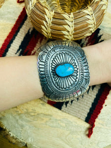 Vintage Navajo Turquoise & Hand Stamped Sterling Silver Cuff Bracelet