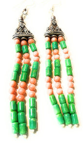 Navajo Sterling Dyed Green Kingman Turquoise and Pink Coral Bead Earrings
