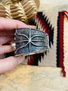 Navajo Tibetan Turquoise & Sterling Silver Tufa Cast Cuff Bracelet Signed