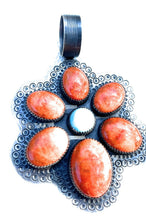 Load image into Gallery viewer, Navajo Sterling Silver Turquoise &amp; Orange Spiny Flower Pendant Signed