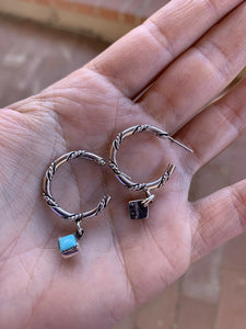 Navajo Royston turquoise & Sterling Silver Braided Charm Hoops
