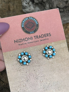 Navajo Sterling Silver And Turquoise Cluster Stud Earrings