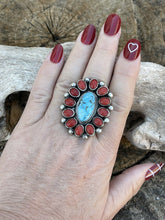 Load image into Gallery viewer, Navajo Sterling Silver Kingman Web Turquoise &amp; Red Coral Taos Ring Sz 7.5
