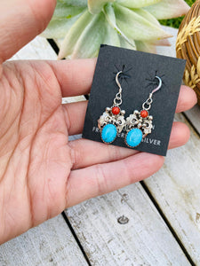 Navajo Turquoise, Coral & Sterling Silver Dangle Earrings