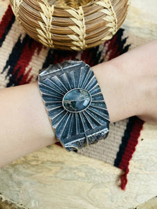 Navajo Tibetan Turquoise & Sterling Silver Tufa Cast Cuff Bracelet Signed