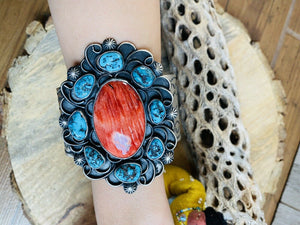 Navajo Turquoise, Orange Spiny & Sterling Silver Cuff Bracelet Signed